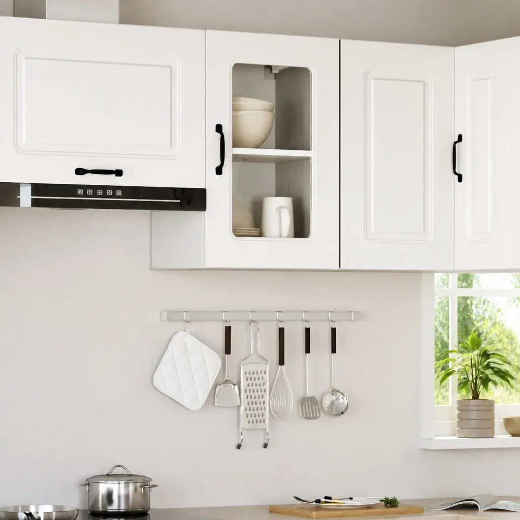 Kitchen Cabinet Glass Door White Engineered Wood Storage Organizer