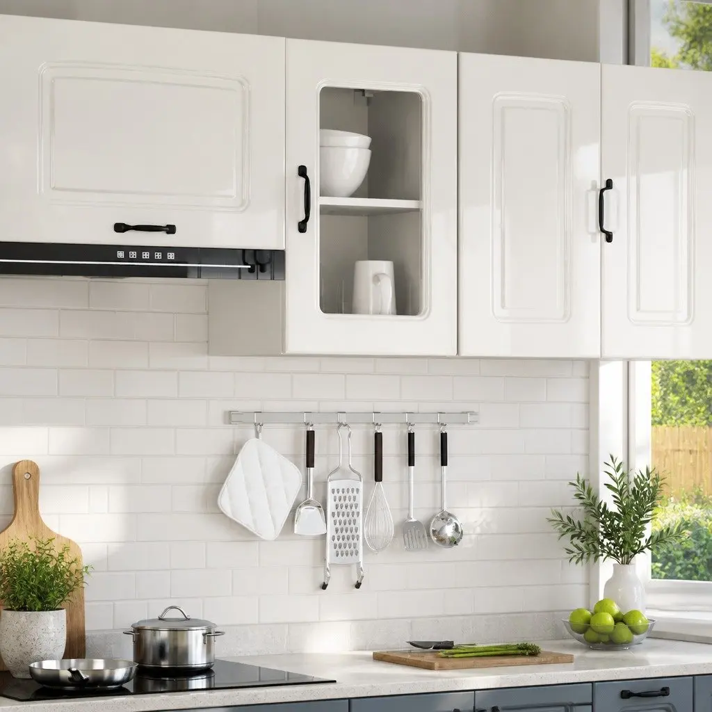 Kitchen Cabinet Glass Door White High Gloss Engineered Wood Wall Mounted Storage