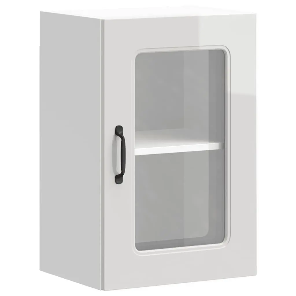 Kitchen Cabinet Glass Door White High Gloss Engineered Wood Wall Mounted Storage