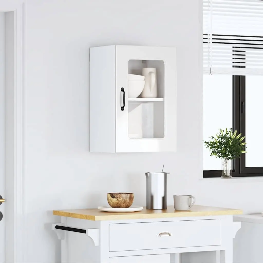 Kitchen Cabinet Glass Door White High Gloss Engineered Wood Wall Mounted Storage
