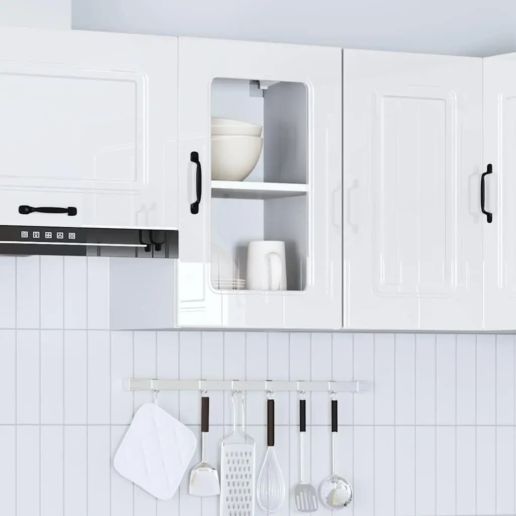 Kitchen Cabinet Glass Door White High Gloss Engineered Wood Wall Mounted Storage