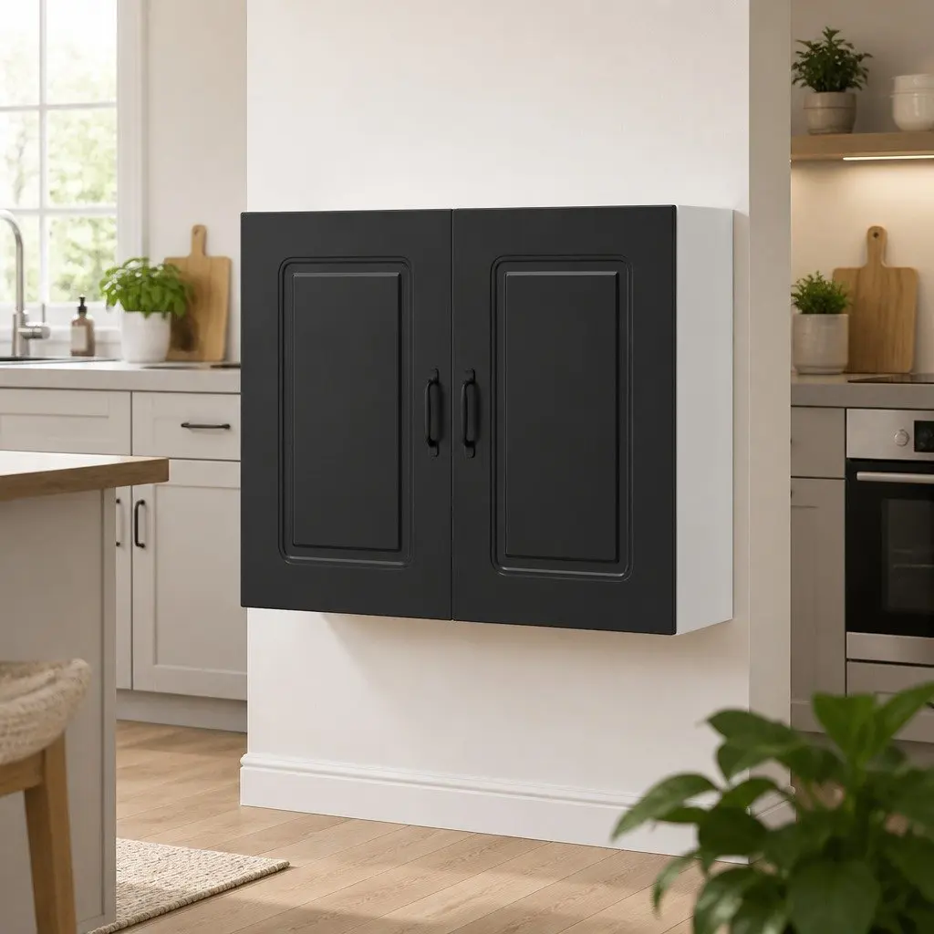 Kitchen Wall Cabinet Black Engineered Wood Storage Organizer 30 Inch
