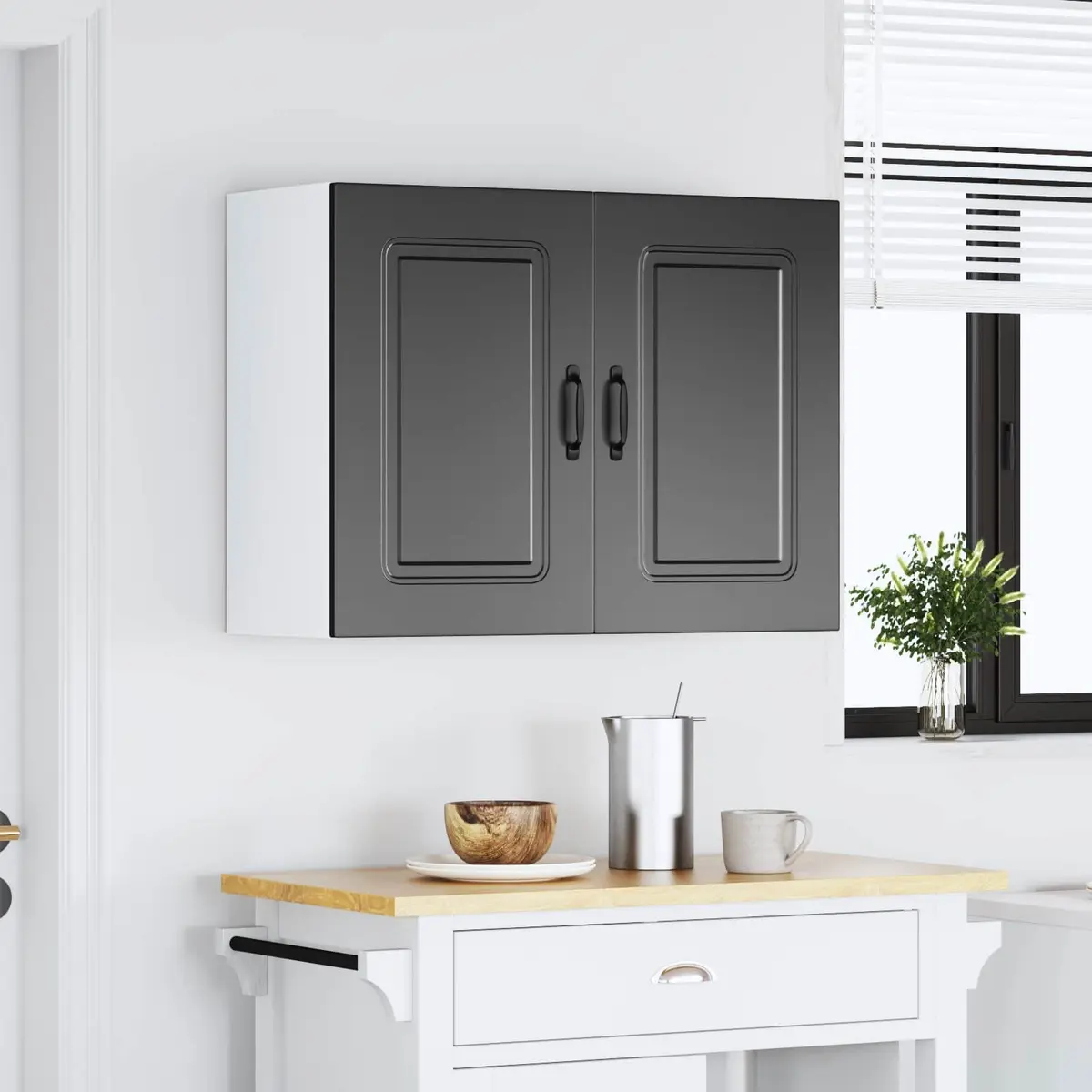 Kitchen Wall Cabinet Black Engineered Wood Storage Organizer 30 Inch