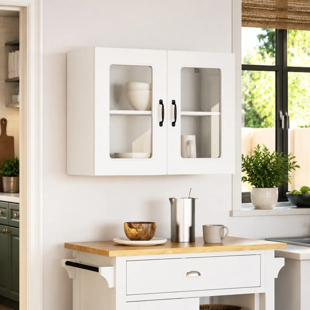 Kitchen Cabinet Glass Door White Wall-Mounted Engineered Wood Storage