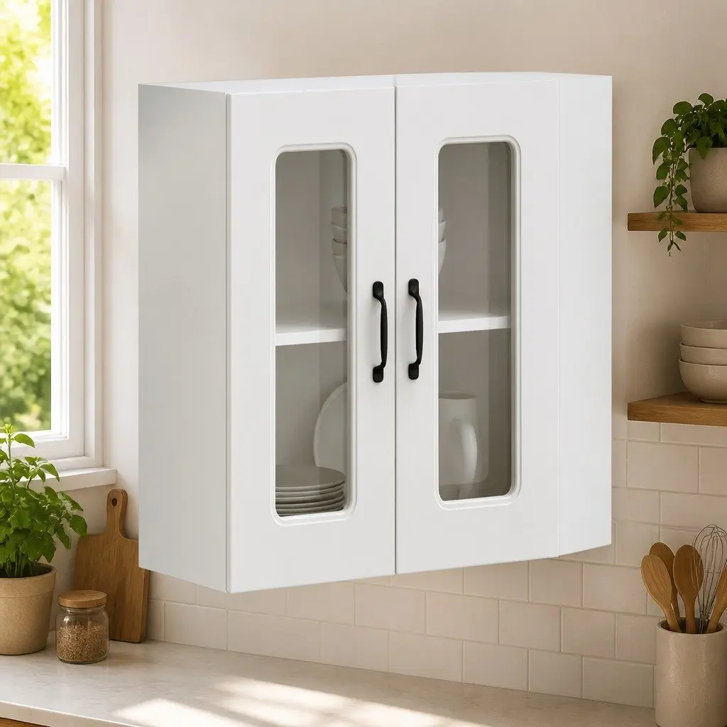 Kitchen Cabinet Glass Door White Engineered Wood Wall-Mounted Storage Unit