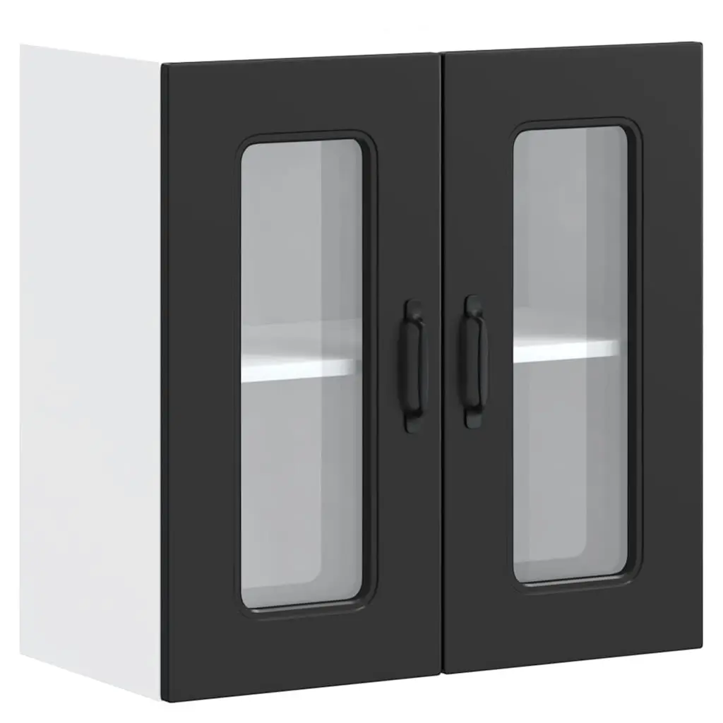 Wall-Mounted Storage Unit Black Engineered Wood Kitchen Cabinet with Glass Door