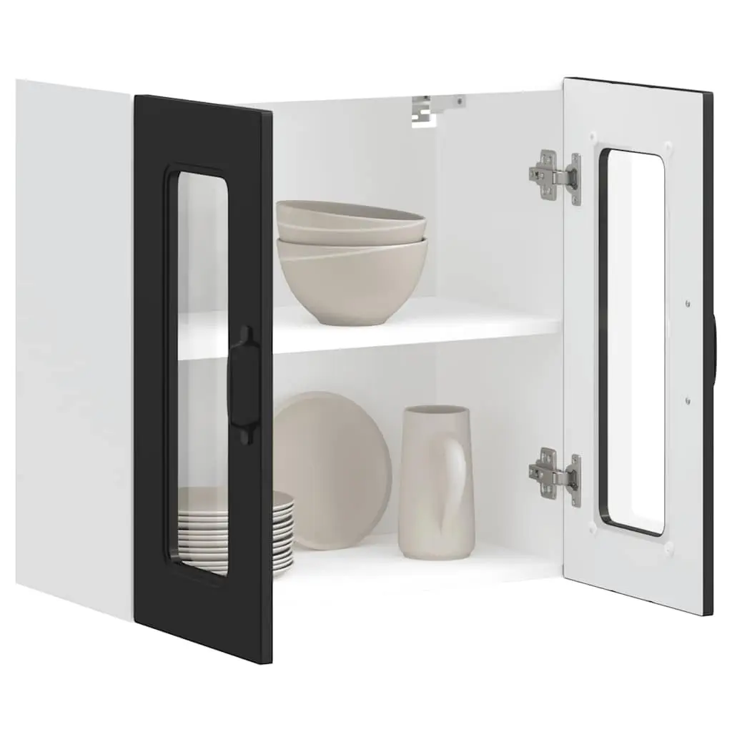 Wall-Mounted Storage Unit Black Engineered Wood Kitchen Cabinet with Glass Door