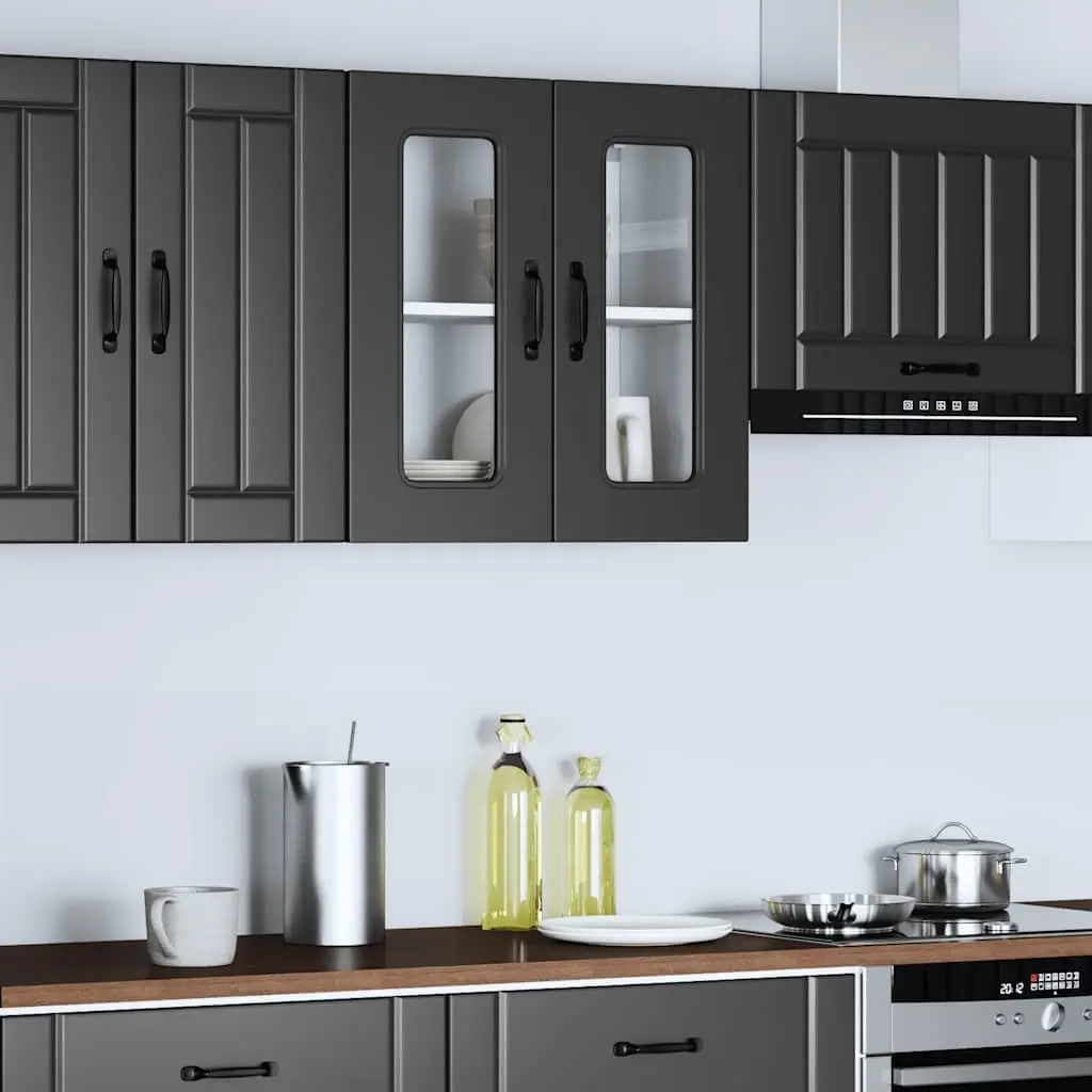 Wall-Mounted Storage Unit Black Engineered Wood Kitchen Cabinet with Glass Door