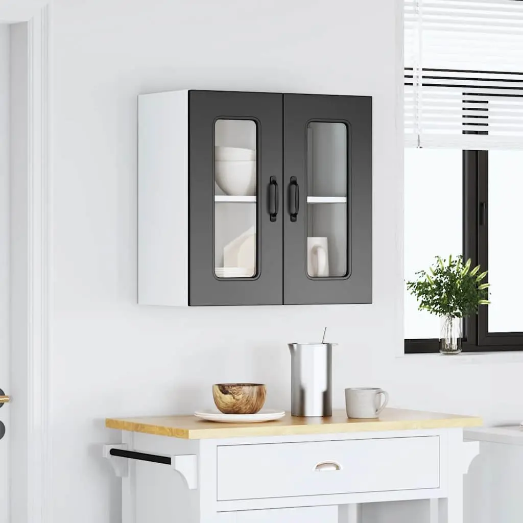 Wall-Mounted Storage Unit Black Engineered Wood Kitchen Cabinet with Glass Door
