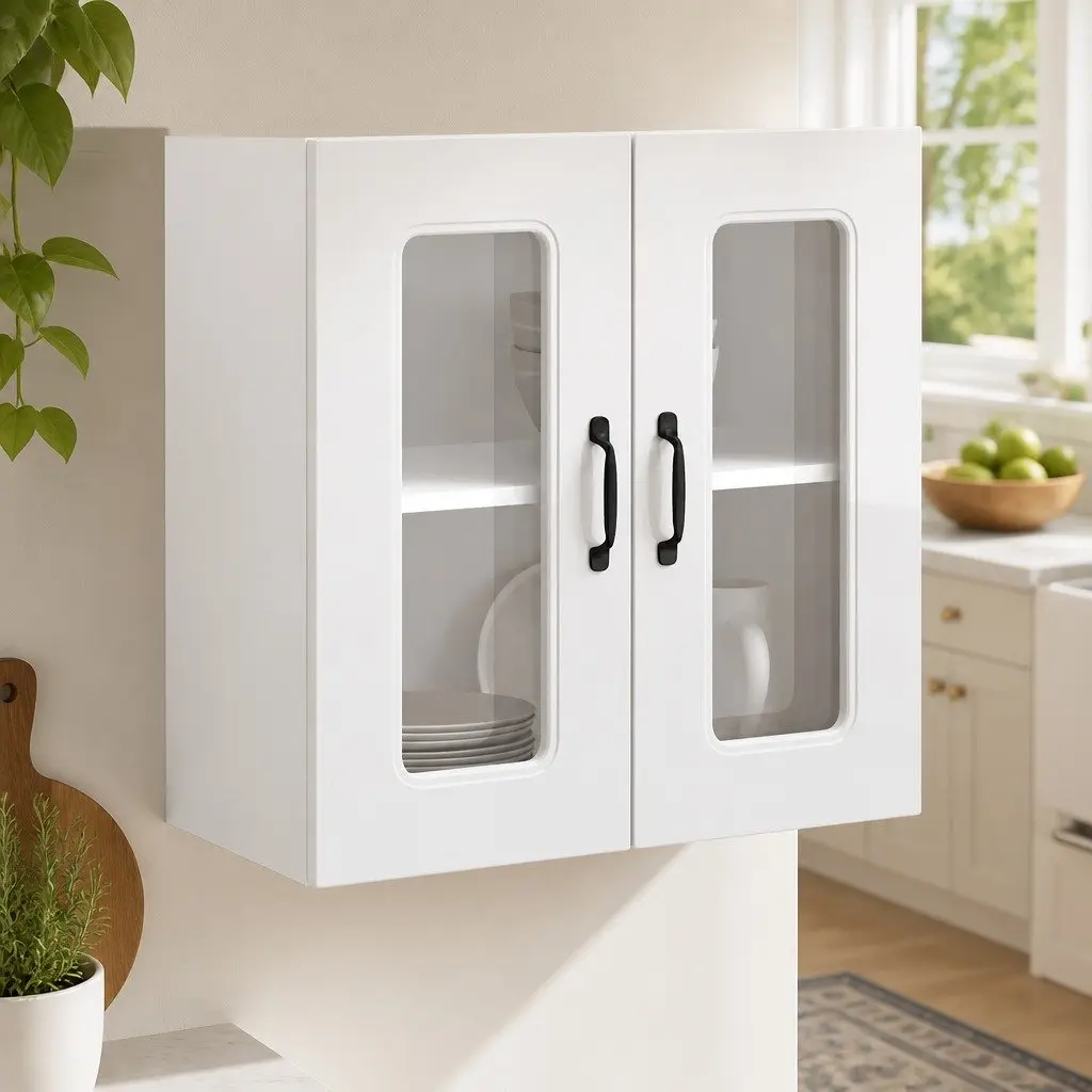 Kitchen Wall Cabinet Glass Door White Engineered Wood Storage Unit