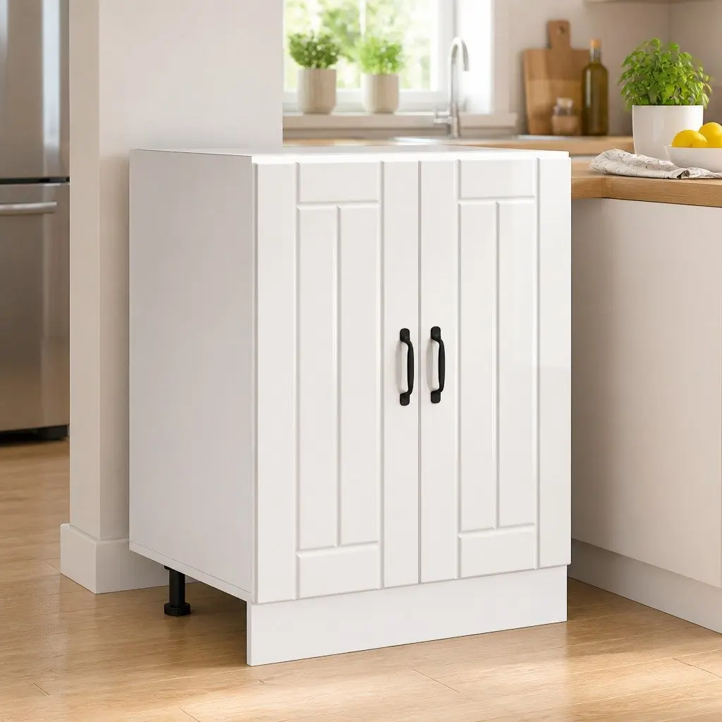 Kitchen Sink Base Cabinet White High Gloss Engineered Wood Storage Cupboard
