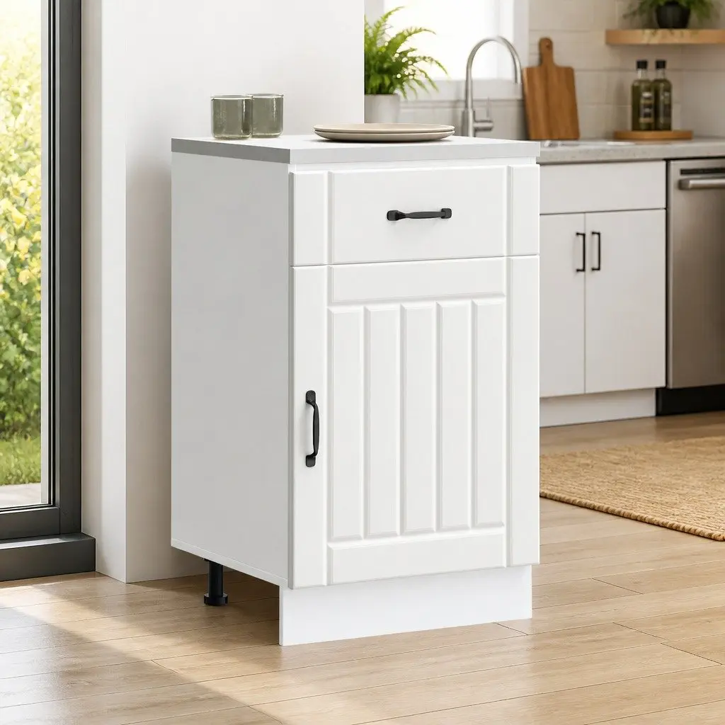 Kitchen Base Cabinet White Engineered Wood Storage Cupboard Adjustable Feet