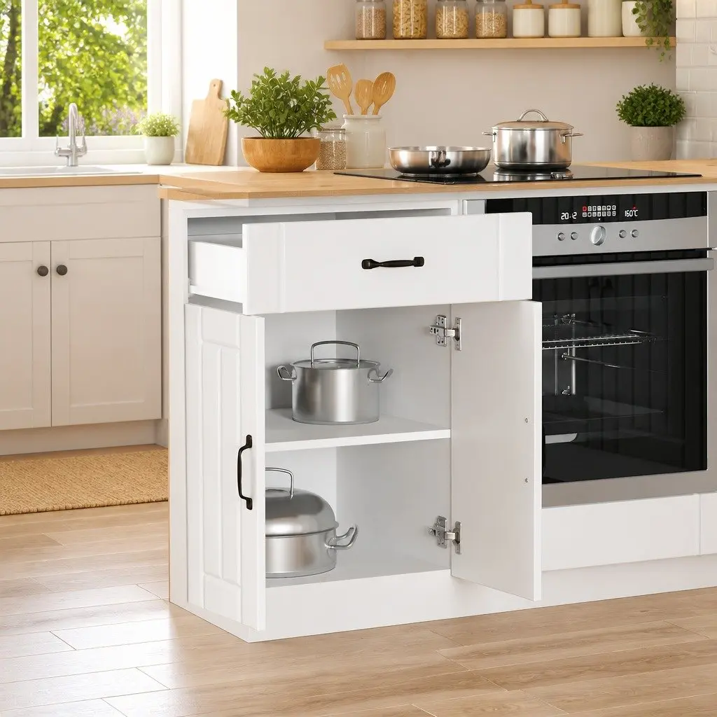 Engineered Wood Kitchen Base Cabinet White Storage Cupboard with Doors and Adjustable Feet