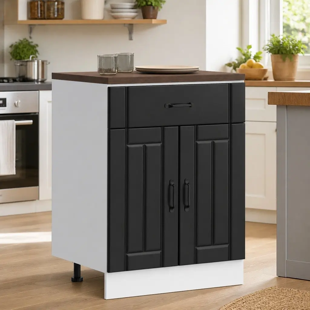 Black Engineered Wood Kitchen Base Cabinet Storage Unit with Adjustable Feet