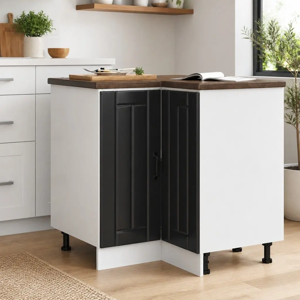 Corner Base Cabinet Black Engineered Wood Adjustable Feet Storage Unit
