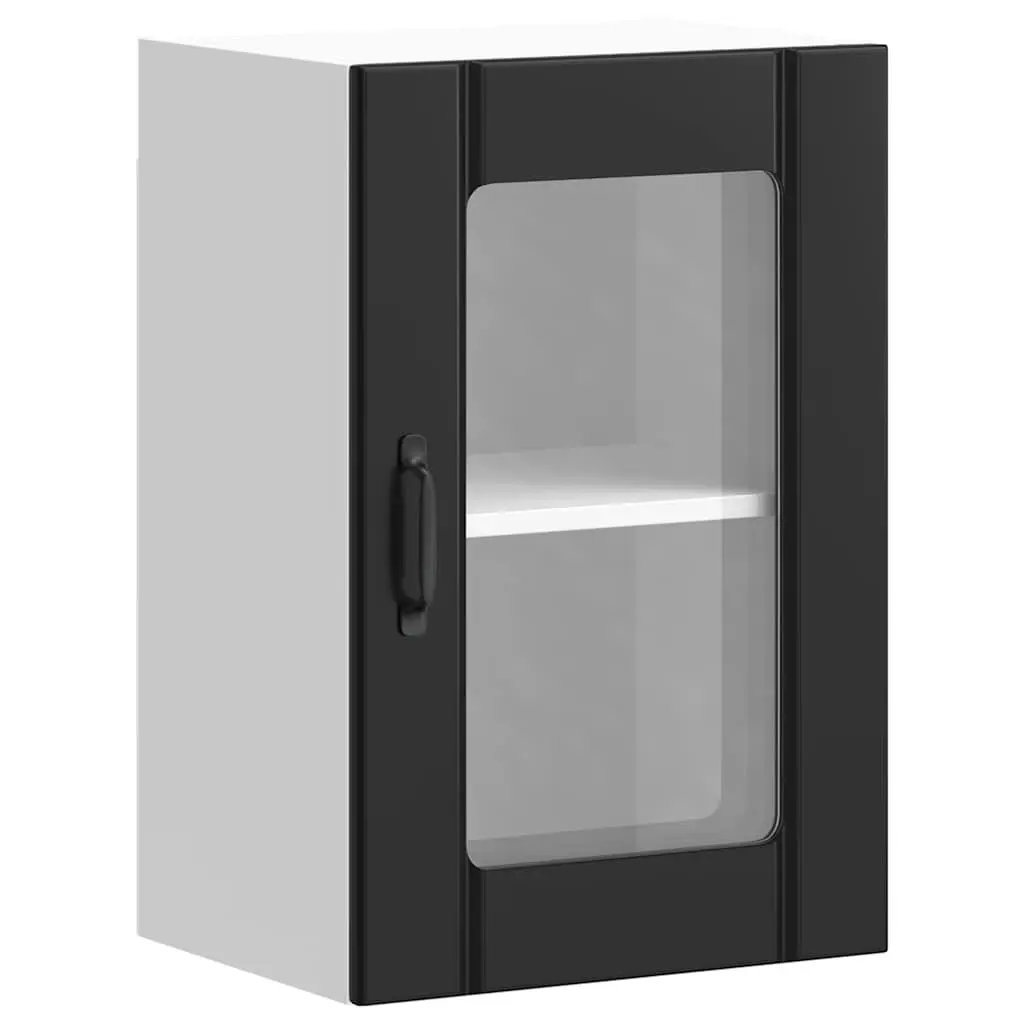 Kitchen Wall Cabinet Glass Door Black Engineered Wood Wall-Mounted Storage