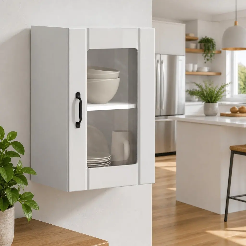 Wall Mounted Kitchen Cabinet White High Gloss Storage Unit with Glass Door