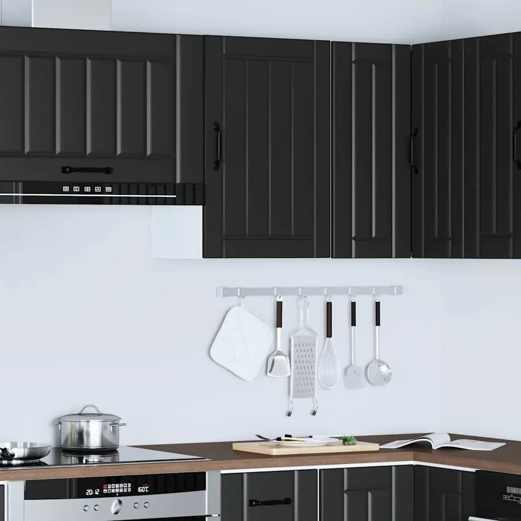 Kitchen Cabinet Black Engineered Wood Glass Door Wall Mounted Storage