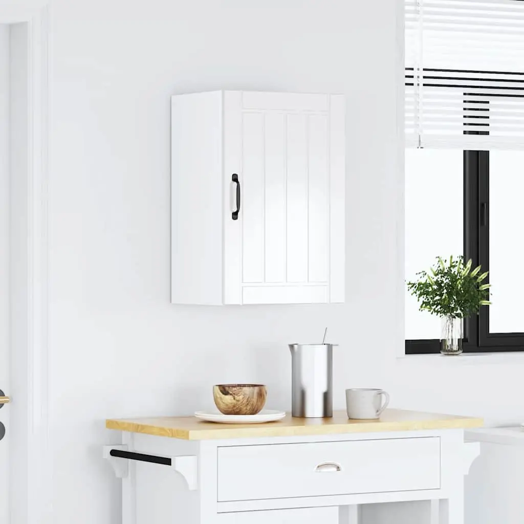 Wall-Mounted Kitchen Cabinet White Engineered Wood Storage with Glass Door