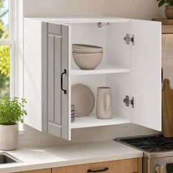 Kitchen Wall Cabinet White Engineered Wood Wall-Mounted Storage with Glass Door