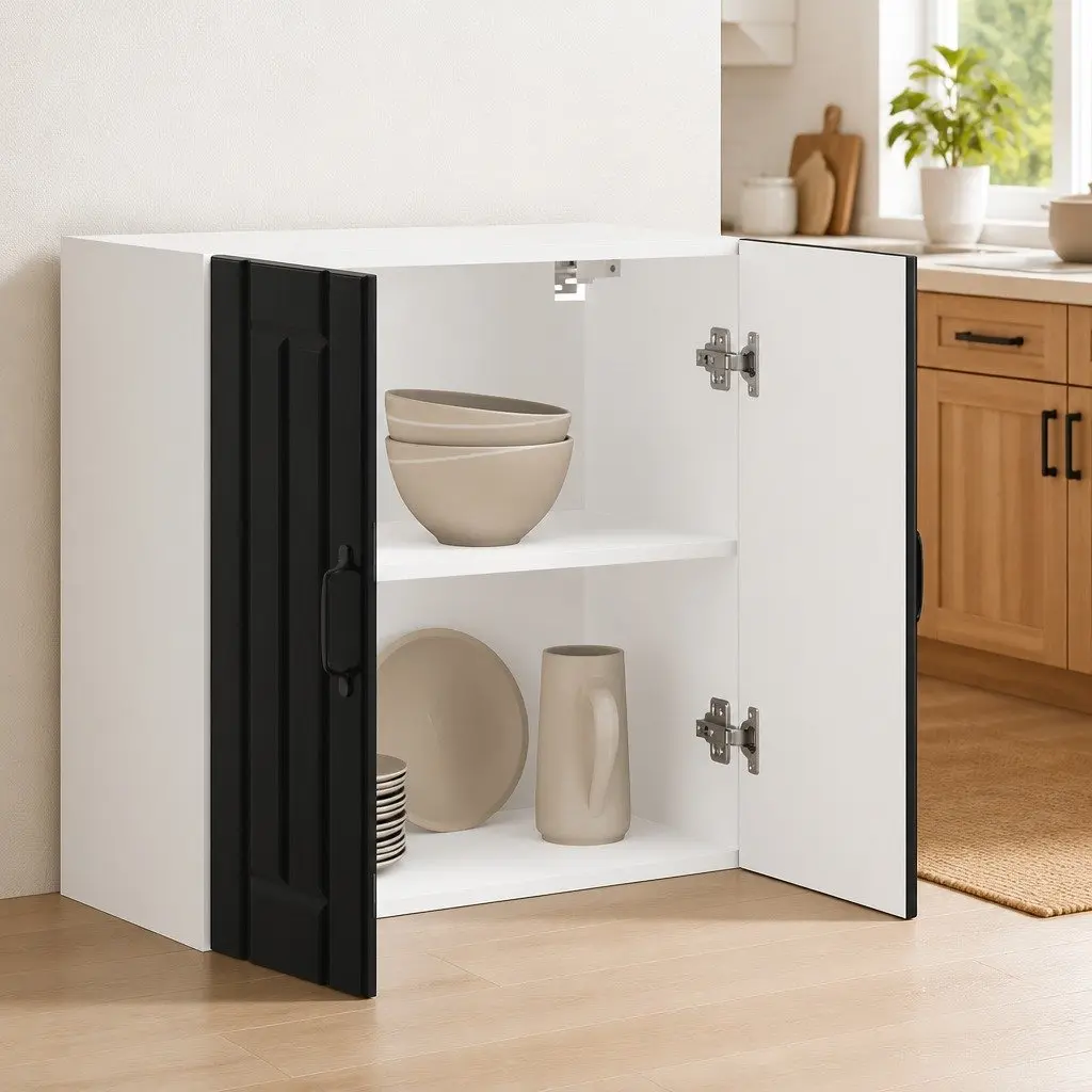 Kitchen Cabinet Wall-Mounted Black Engineered Wood Glass Door