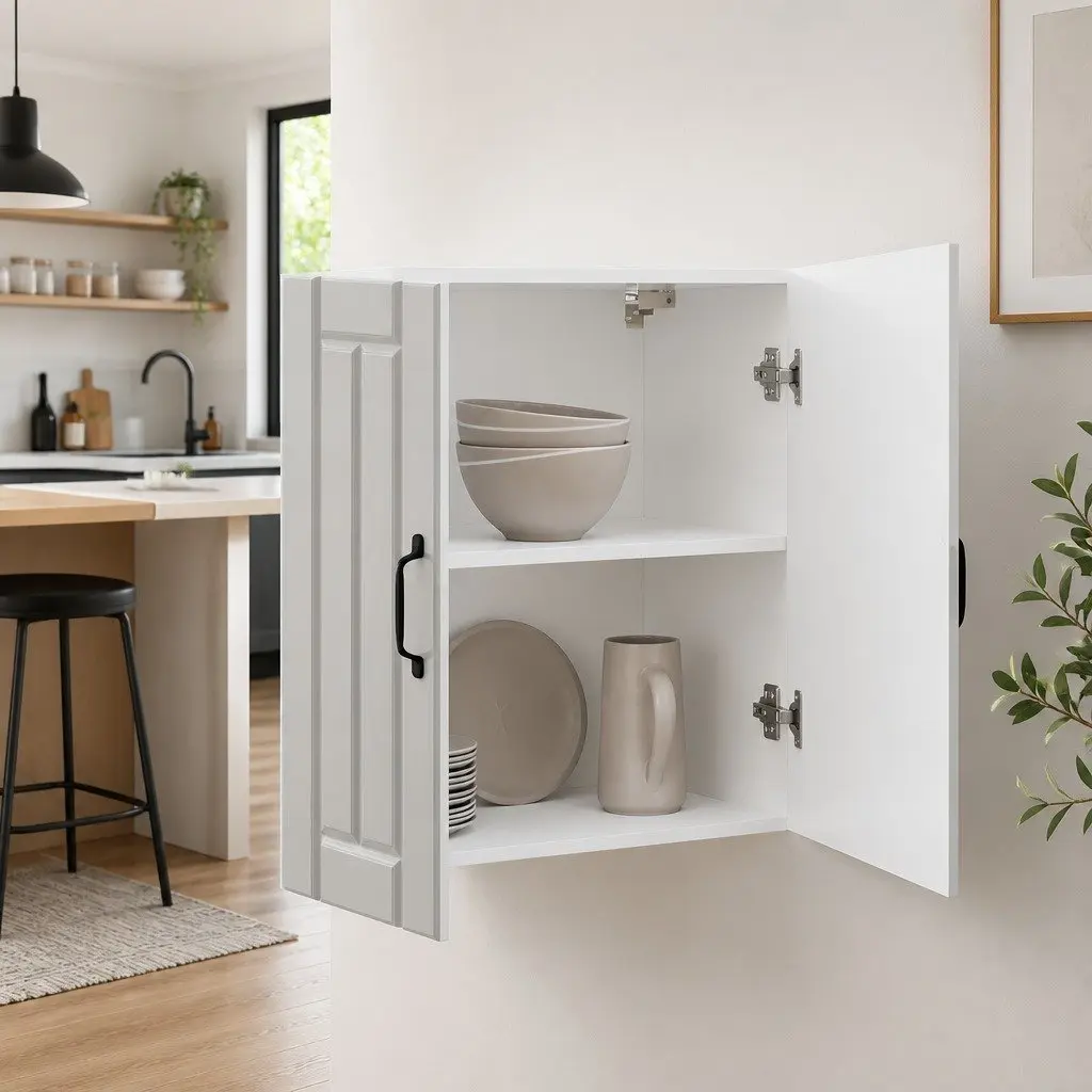Wall-Mounted Kitchen Cabinet White Engineered Wood Storage Unit with Glass Door