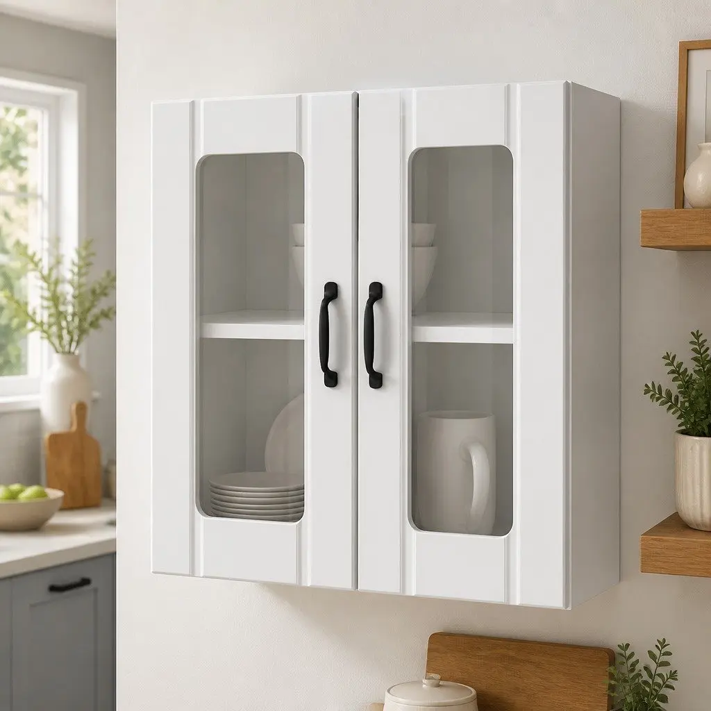 Kitchen Cabinet Glass Door White Engineered Wood Wall-Mounted
