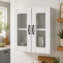 Kitchen Wall Cabinet Glass Door White Engineered Wood Wall-Mounted Storage