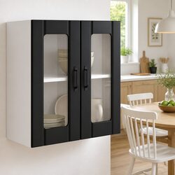 Kitchen Wall Cabinet Glass Door Black Engineered Wood Storage Organiser