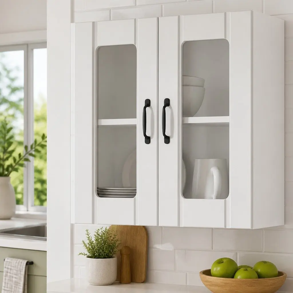 Wall Mounted Kitchen Cabinet White Engineered Wood Glass Door Storage Unit
