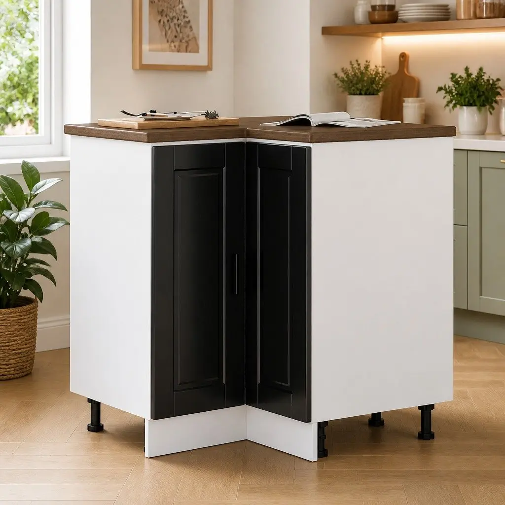 Corner Base Cabinet Black Engineered Wood Adjustable Storage Unit
