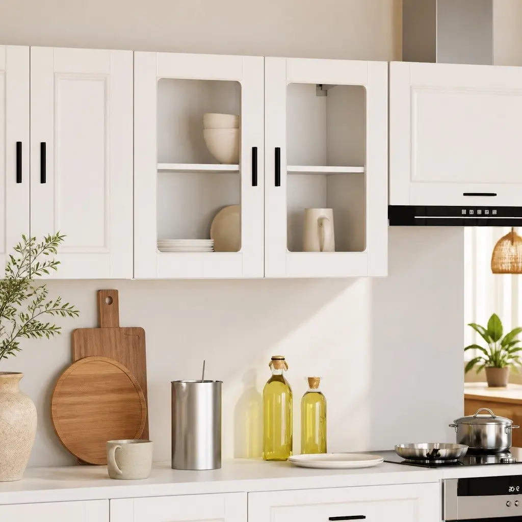 White Kitchen Wall Cabinet Glass Door Mounted Storage Unit
