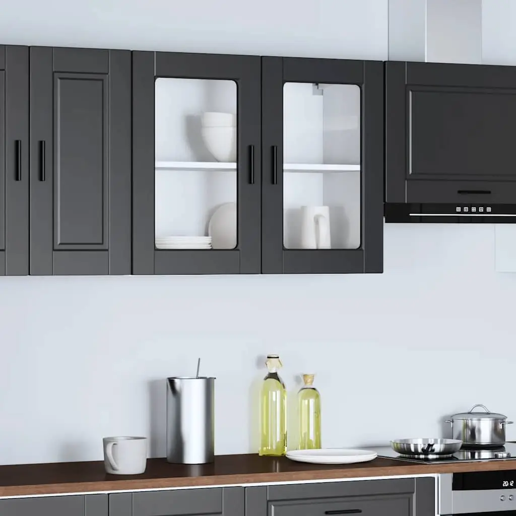 Kitchen Wall Cabinet Glass Door Black Storage Unit Wall-Mounted Organizer