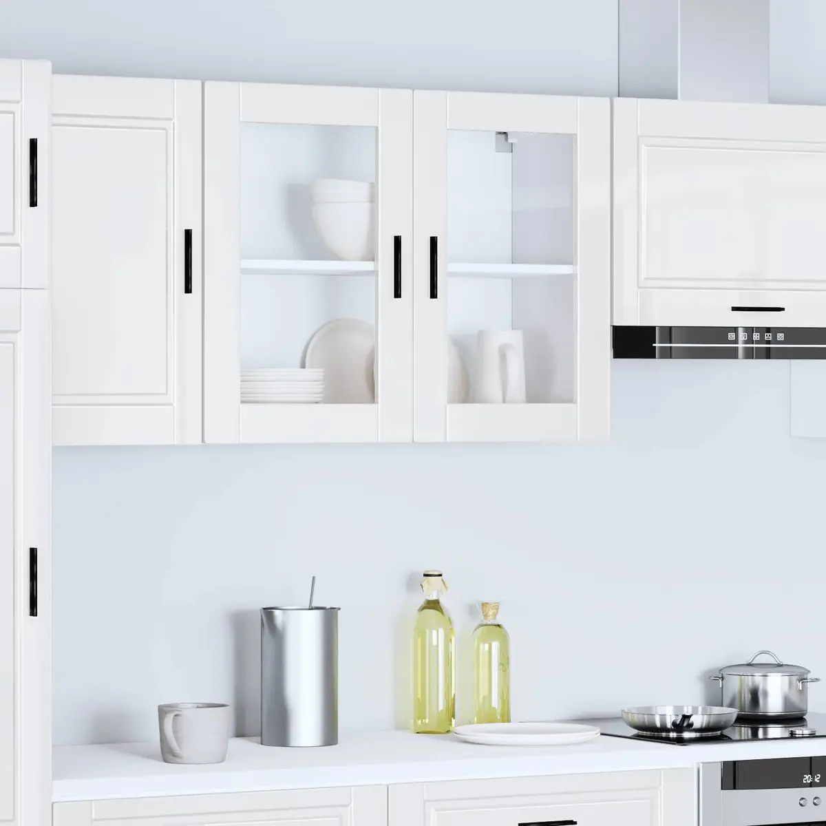 Kitchen Wall Cabinet Glass Door White High Gloss Storage Cupboard Wall-Mounted
