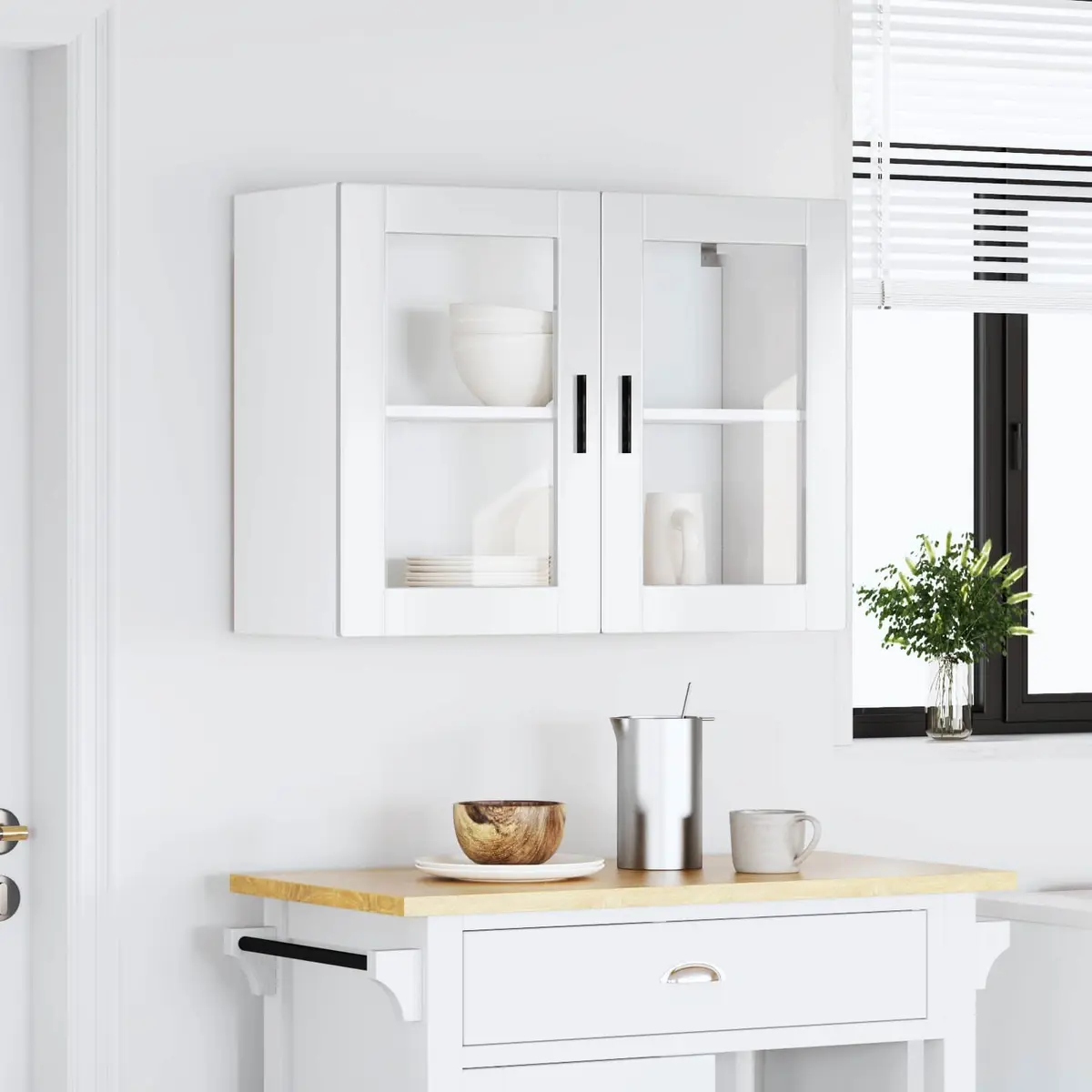 Kitchen Wall Cabinet Glass Door White High Gloss Storage Cupboard Wall-Mounted