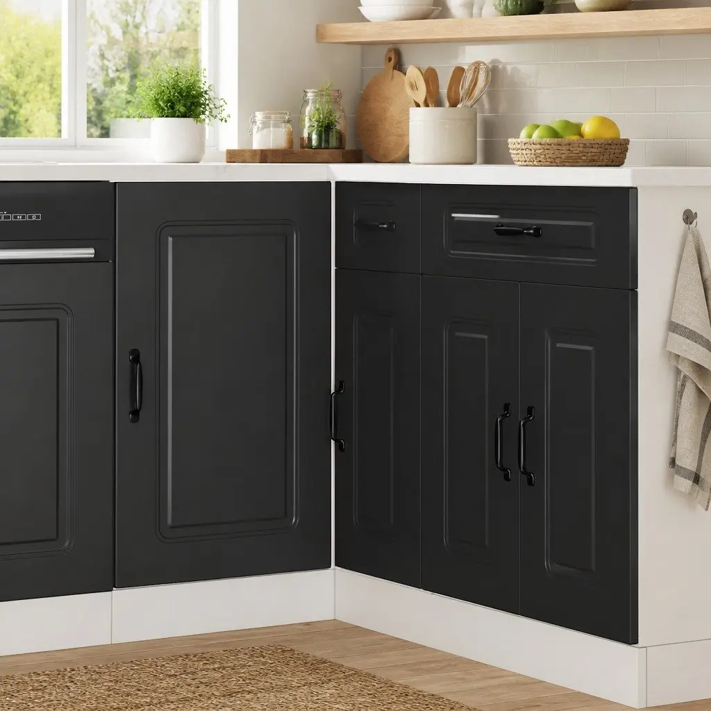 Kitchen Base Cabinet Black Engineered Wood Storage Cupboard with Doors