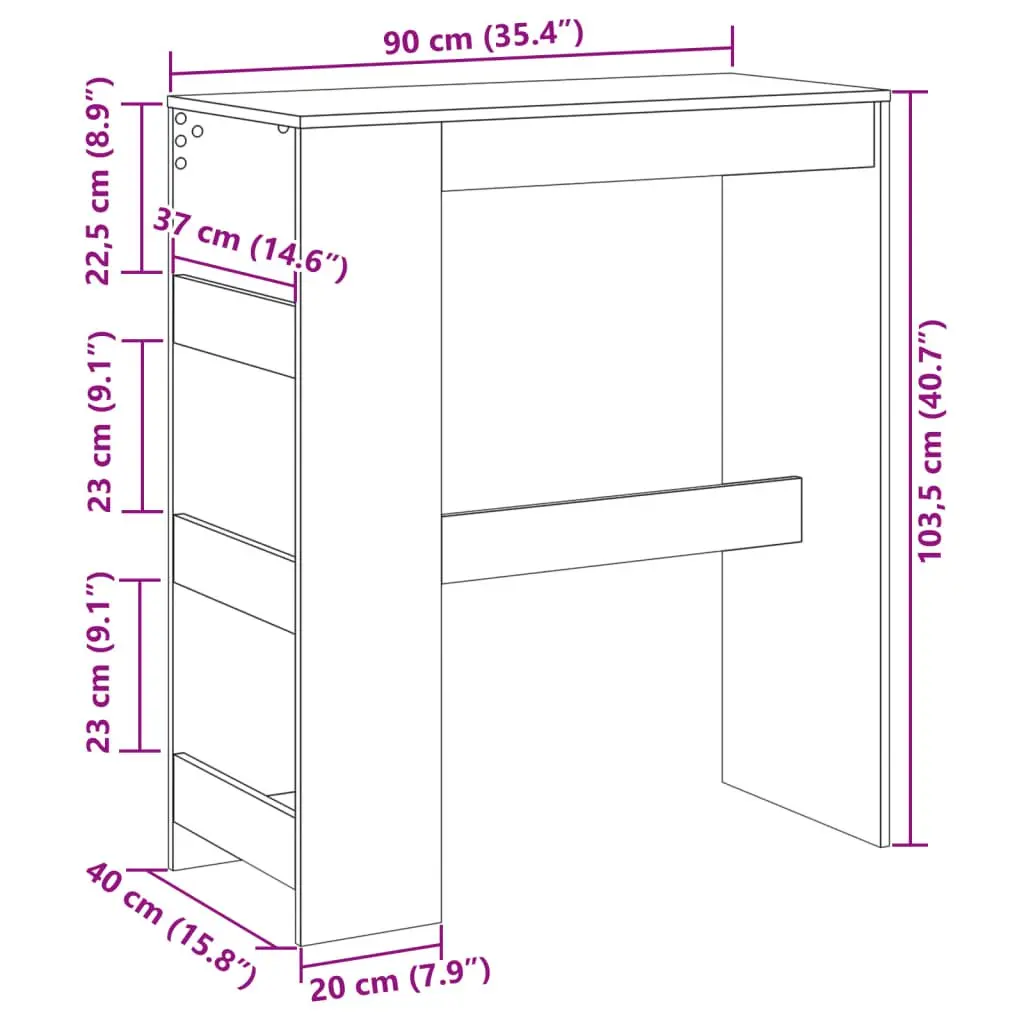 Bar Table with Storage Shelves White High Counter 90L x 40W x 103.5H cm