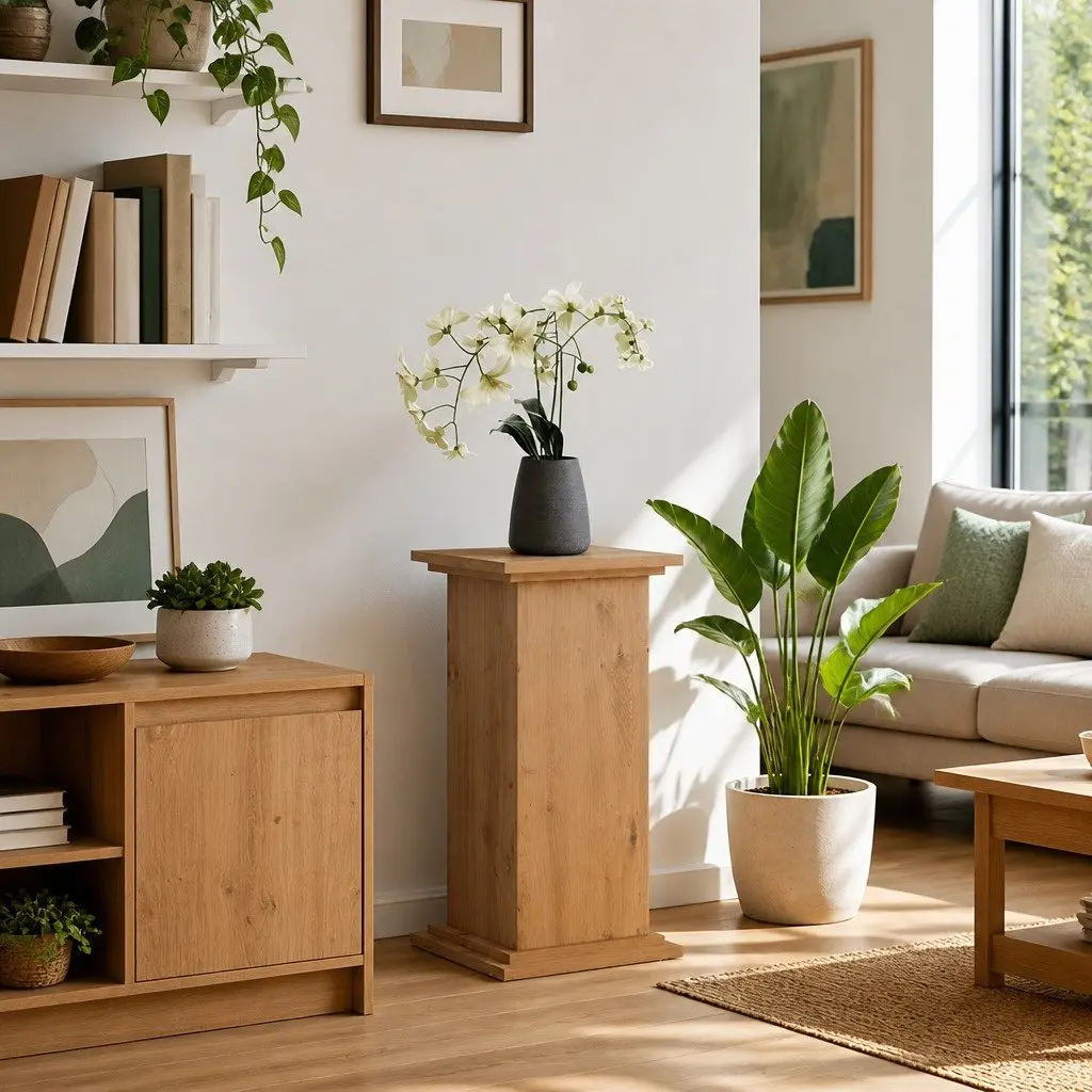 Two-Tier Display Stand with Storage Cabinet Brown Engineered Wood Pillar Style 31W x 30D x 60H cm