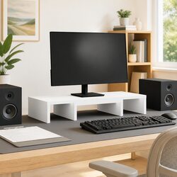 Monitor Stand Adjustable White Engineered Wood Computer Riser Desk Organiser