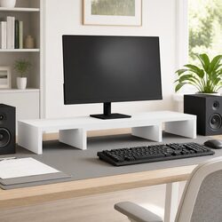 Adjustable Monitor Stand Riser White Engineered Wood Dual Monitor Desk Organizer