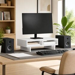 Monitor Stand White Engineered Wood Computer Riser Desk Organizer Storage