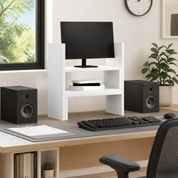 Adjustable Desk Organiser White Engineered Wood Shelf Rack Computer Riser Stand