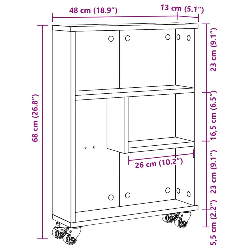 Narrow Storage Trolley White Rolling Cart Engineered Wood 48 x 13 x 68 cm
