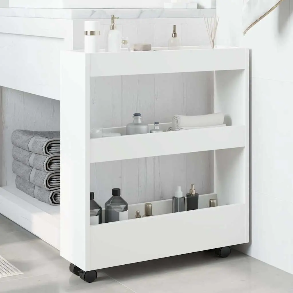 Narrow Storage Trolley 3 Tier White Compact Rolling Kitchen Cart with Swivel Wheels
