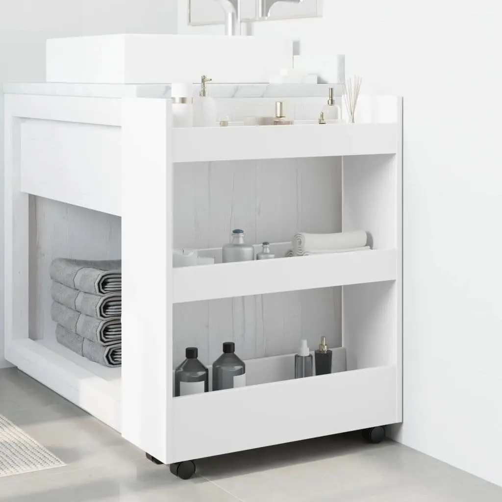 3 Tier Narrow White Rolling Cart Organiser for Kitchen and Bathroom Storage
