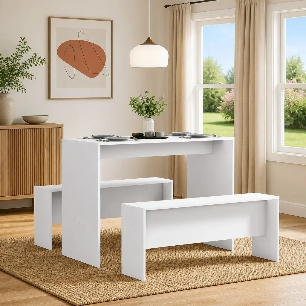Dining Table and Bench Set 3 Piece White Kitchen Furniture Engineered Wood