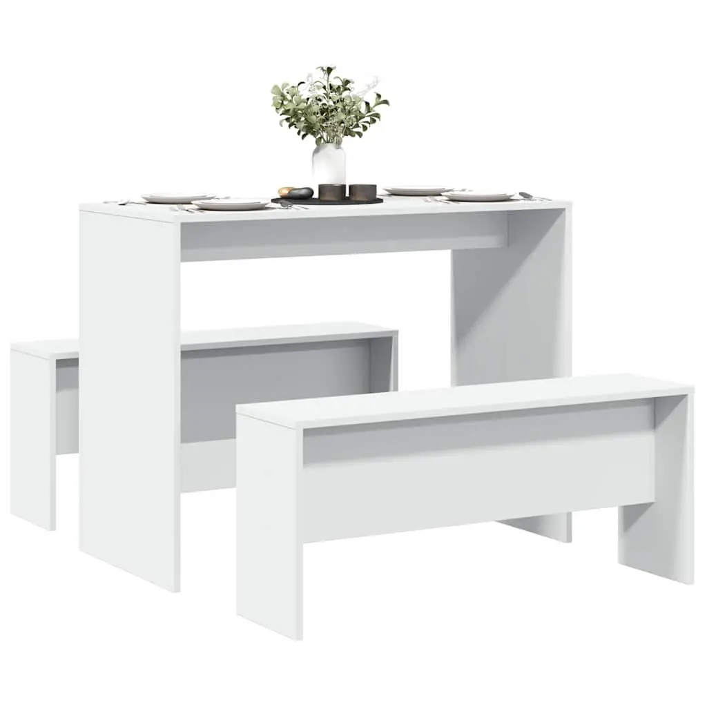 Dining Table and Bench Set 3 Piece White Kitchen Furniture Engineered Wood