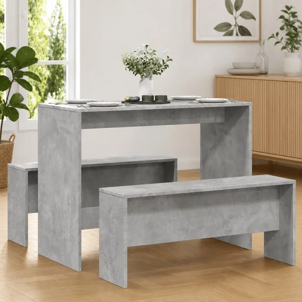 3 Piece Dining Table Bench Set Grey Engineered Wood