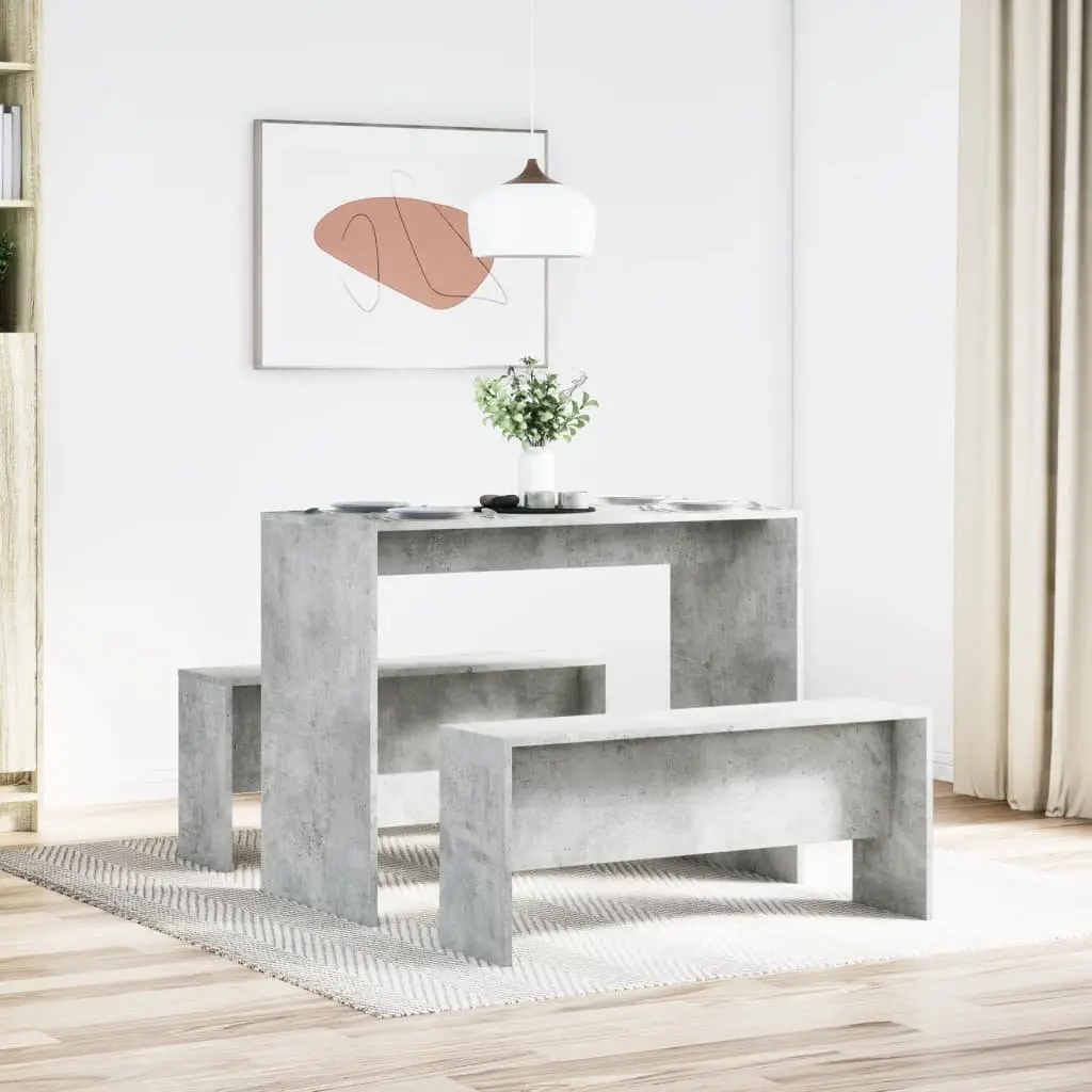 3 Piece Dining Table Bench Set Grey Engineered Wood