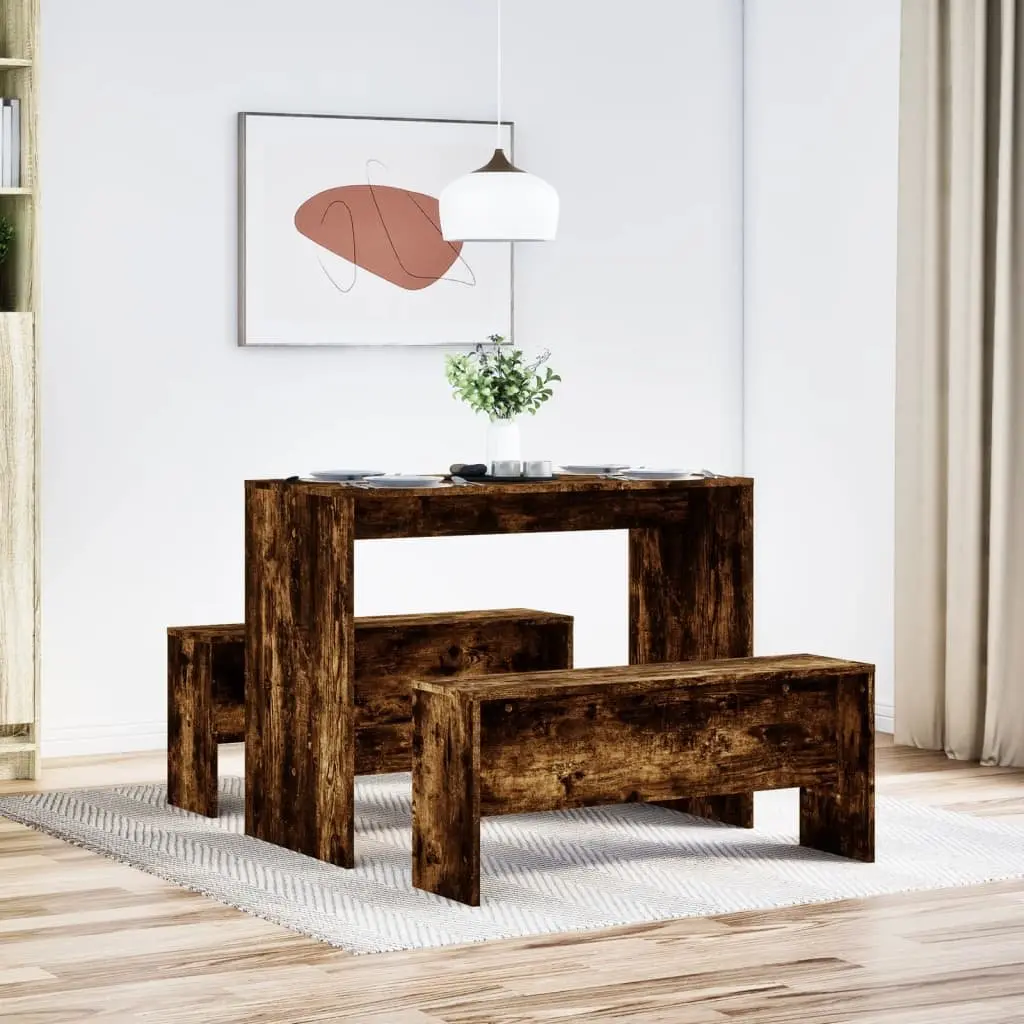 3 Piece Brown Engineered Wood Dining Set with Table and Benches for Kitchen